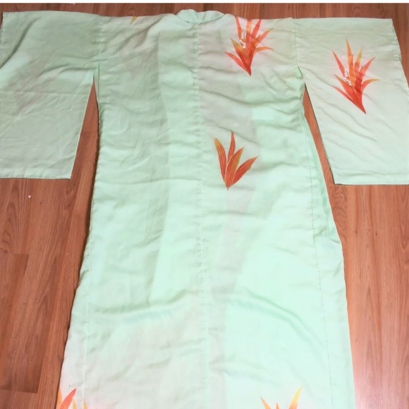 Tsukesage Silk Kimono Robe BEAUTIFUL DETAIL HANDMADE Mint Aqua Seafoam LONG - Picture 8 of 11